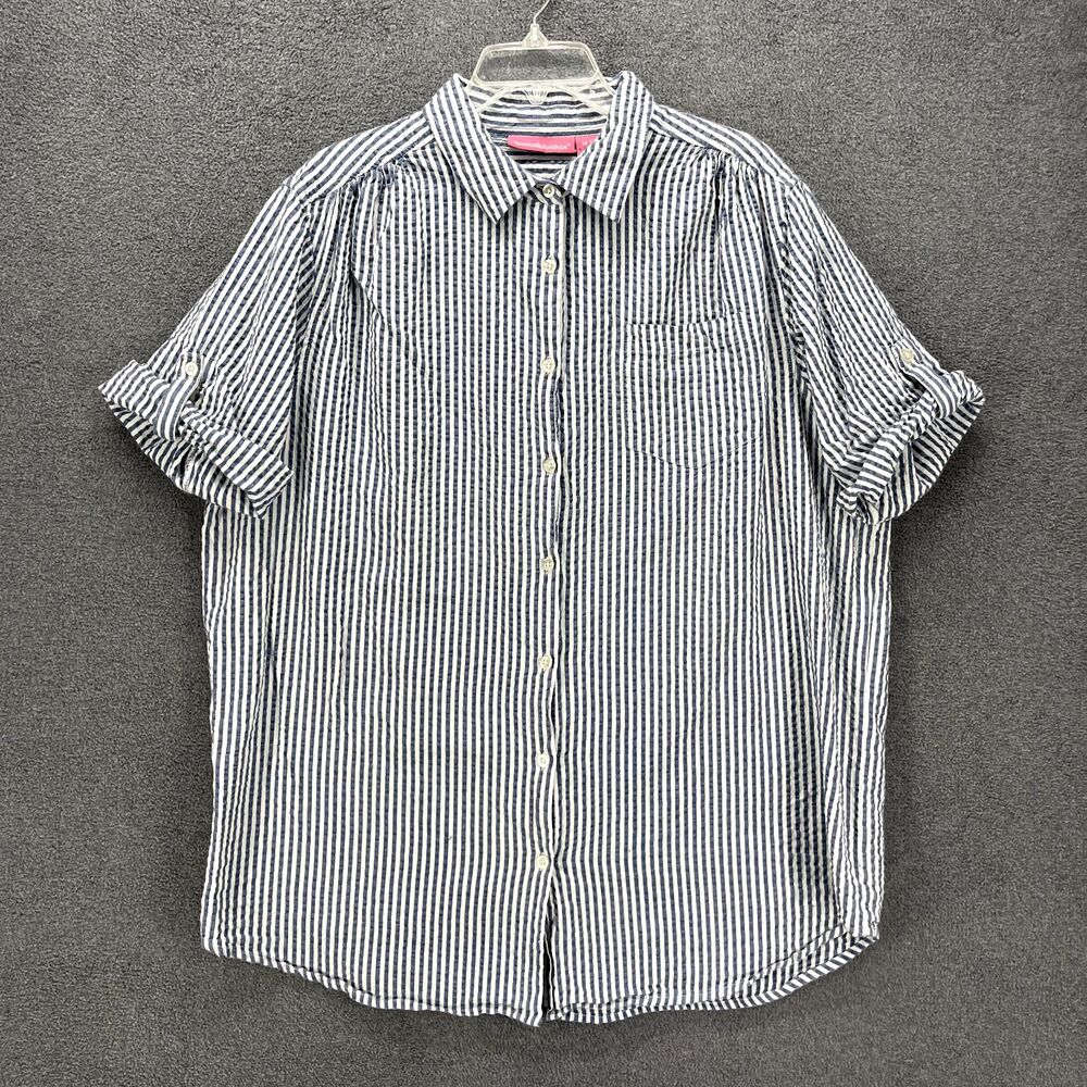Woman Within Shirt Womens Large Button Up‎ Short Sleeve White Blue Stripe NWT